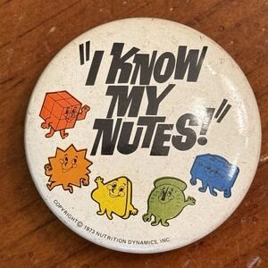 I Know My Nutes! Nutrition Dynamics 1973 Vintage Pinback Button Pin Round Circle